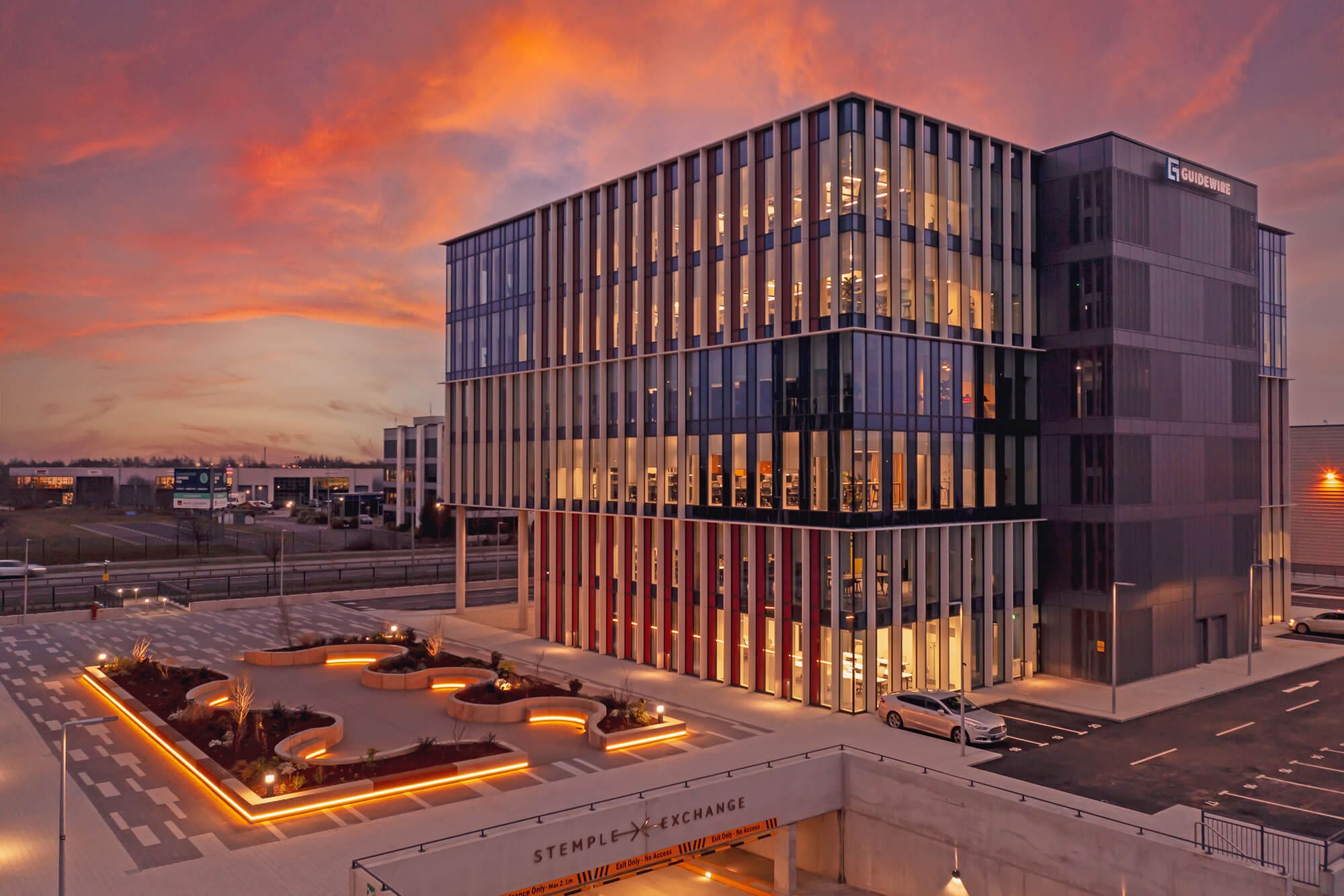 Modern commercial office building at dusk from the ADP project