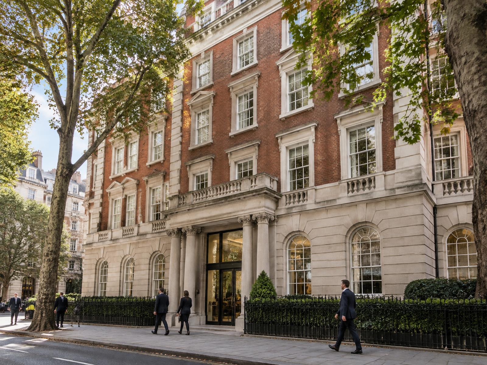Period red-brick and stone office building on a tree-lined London street